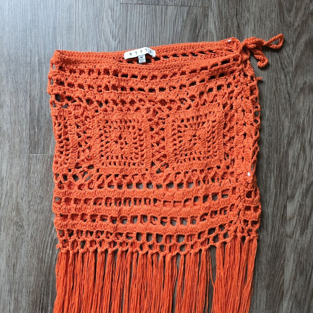 HYFVE Womens Medium NWOT Orange Crochet Fringe Skirt Cover Up Festival Boho
